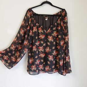 Y2K Black Pink Floral Rosebud Print Flowy Off Shoulder Top Whimsigoth Fairy Med